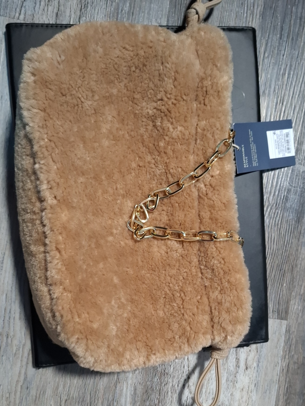 Faux Shearling Chain Shoulder Bag in Camel